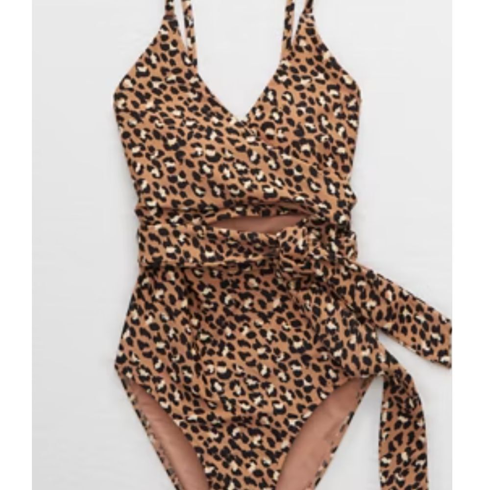 Aerie Leopard Print One-Piece Swimsuit Cutout Wrap Tie Waist Beach‎ Vacation